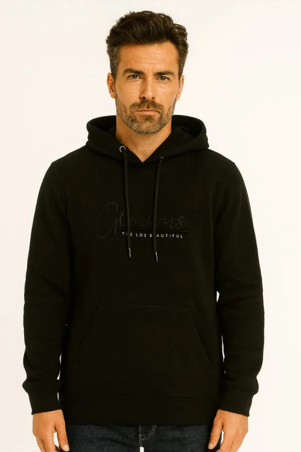 Uzun Kollu Kanguru Cepli Pamuk Karışımlı  Önden Baskılı Erkek Sweatshirt Kapşonlu
