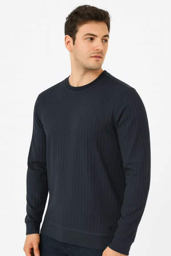 Bisiklet Yaka Uzun Kollu Çizgi Detaylı Pamuklu Regular Kesim Erkek Sweatshirt
