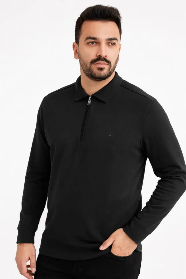 Erkek Polo Yaka Yarım Fermuarlı Pamuk Karışımlı Regular Kesim Sweatshirt