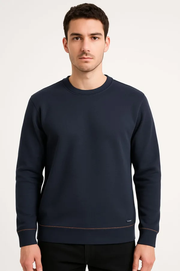 Bisiklet Yaka Çizgi Detaylı Uzun Kollu Erkek Triko Sweatshirt