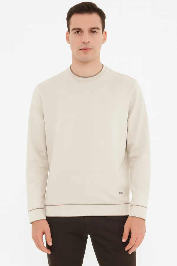 Bisiklet Yaka Çizgi Detaylı Uzun Kollu Erkek Triko Sweatshirt