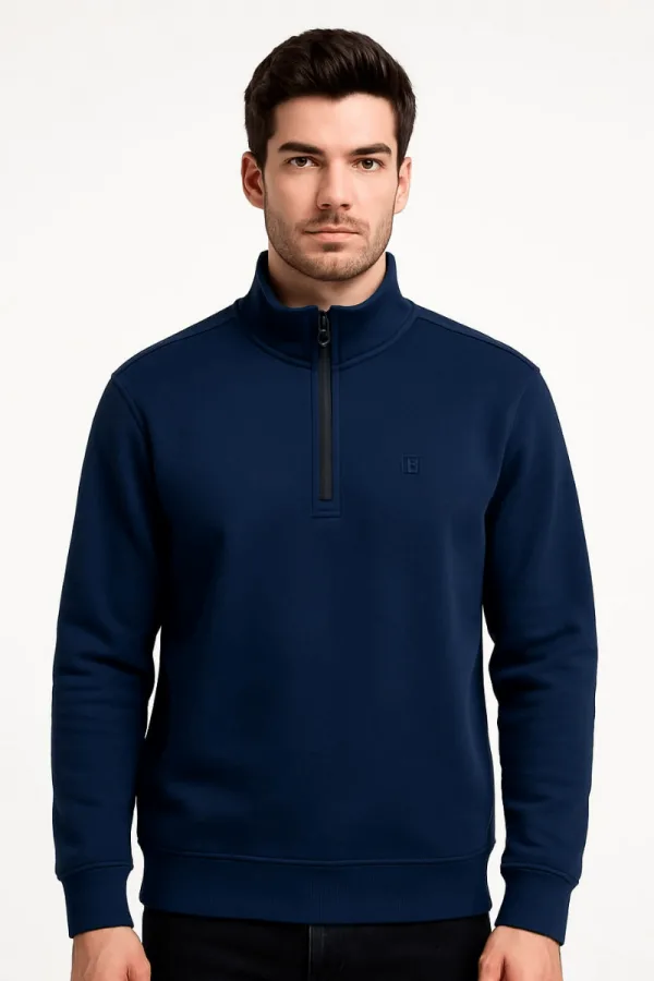 Uzun Kollu  Yarım Fermuarlı Dik Yakalı Pamuk Karışımlı Rahat Erkek Sweashirt