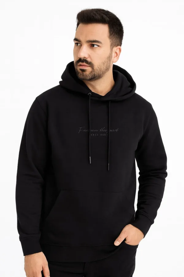 Ön Yazı Baskılı Uzun Kollu Pamuk Karışımlı Kanguru Cepli  Kapşonlu Erkek Sweatshirt