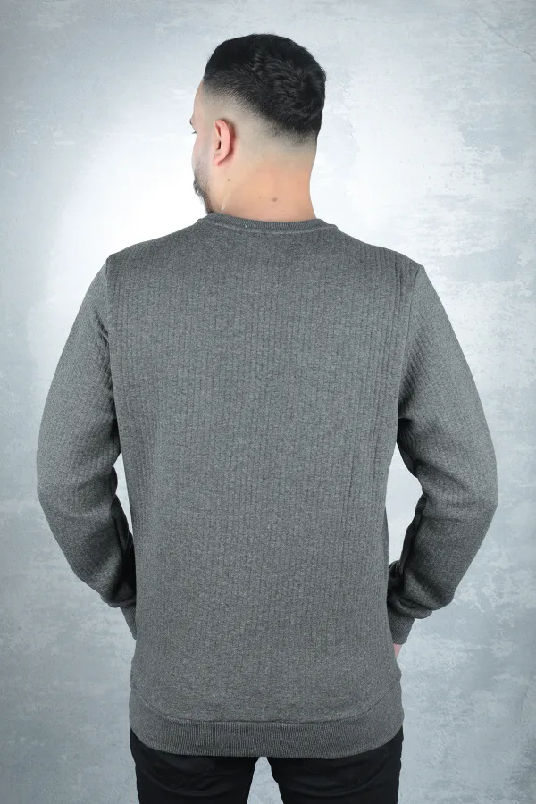 Bisiklet Yaka Uzun Kollu Pamuk Karışımlı Çizgi Detaylı Erkek Sweatshirt