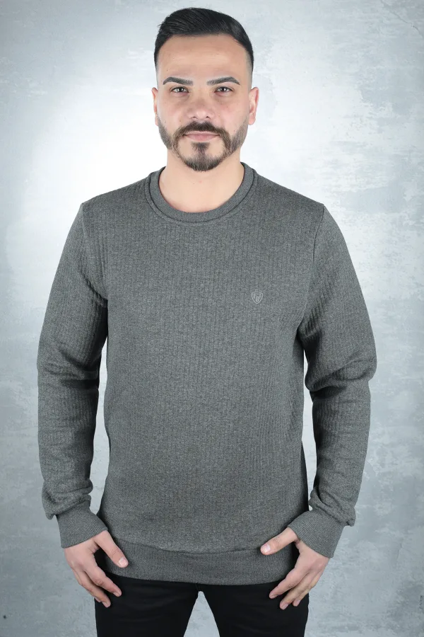 Bisiklet Yaka Uzun Kollu Pamuk Karışımlı Çizgi Detaylı Erkek Sweatshirt