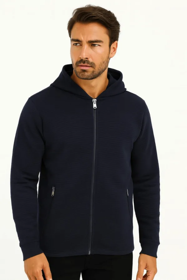Erkek Fermuarlı Kapşonlu Kendi Çizgili Sweatshirt