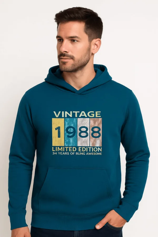 Uzun Kollu Kapşonlu Kanguru Cepli Pamuk Karışımlı Önden Baskılı Erkek Sweatshirt