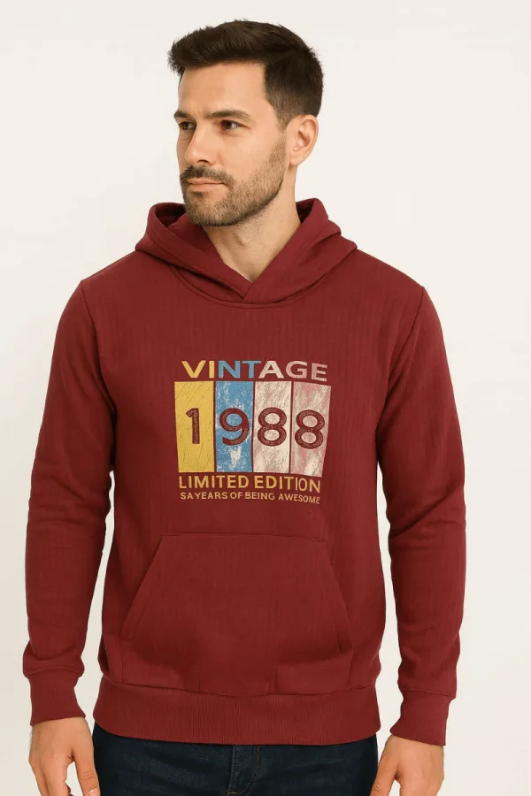Uzun Kollu Kapşonlu Kanguru Cepli Pamuk Karışımlı Önden Baskılı Erkek Sweatshirt