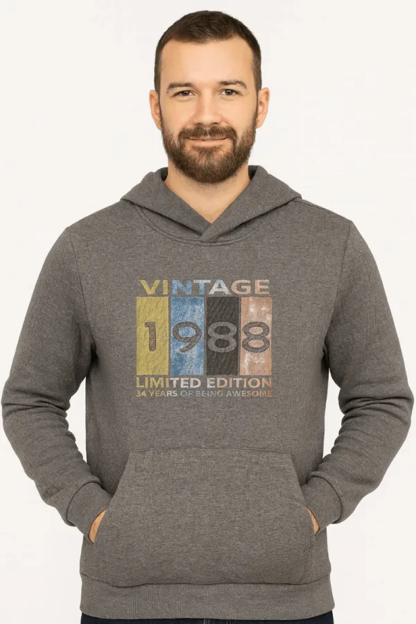 Uzun Kollu Kapşonlu Kanguru Cepli Pamuk Karışımlı Önden Baskılı Erkek Sweatshirt