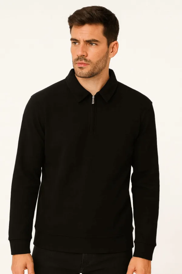 Uzun Kollu Yarım Fermuarlı Pamuk Karışımlı Regular Erkek Polo Yaka Sweatshirt