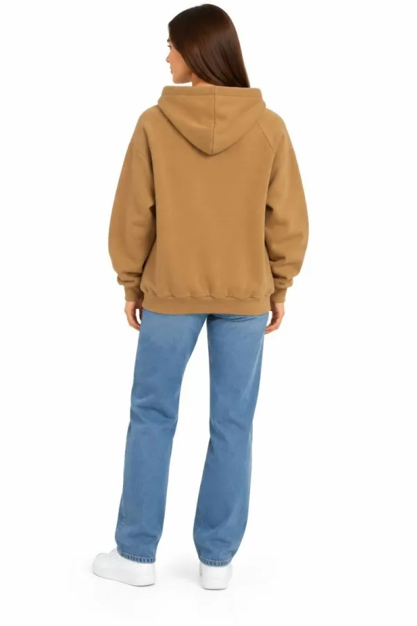 Bayan Üç İplik Pamuklu Basic Hoodie Kapüşonlu Sweat
