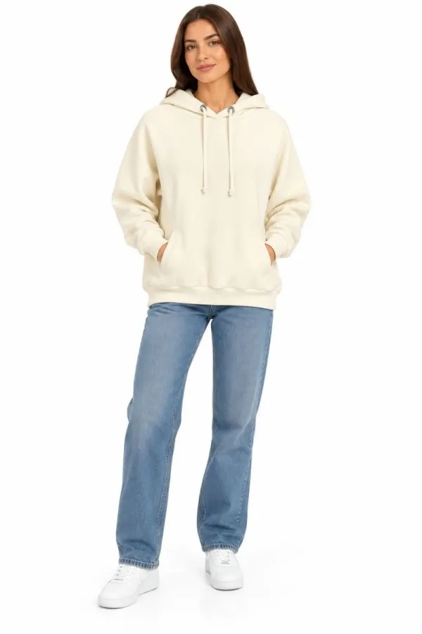 Bayan Üç İplik Pamuklu Basic Hoodie Kapüşonlu Sweat