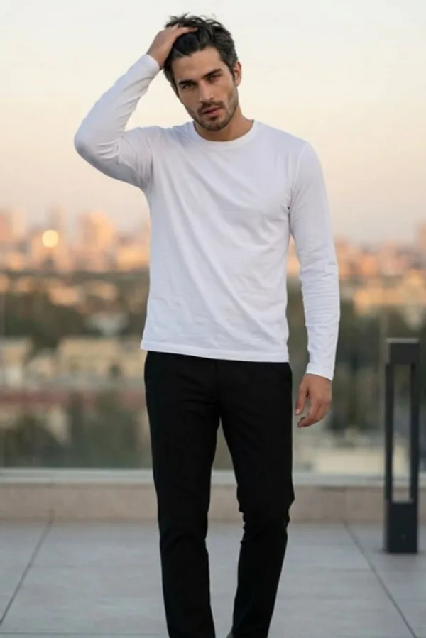 Erkek Tişört Basic Bisiklet Yaka  Uzun Kol Düz Merserize