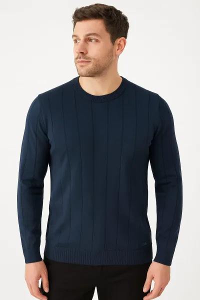 Bisiklet Yaka Çizgi Detaylı Polyester Kumaş Erkek Triko Kazak