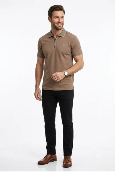 Polo Yakalı Yarım Fermuarlı  Petek Dokulu Kısa Kollu Modern Kesim  Erkek Tişört
