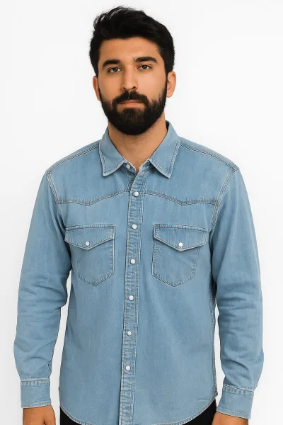 Uzun Kollu Pamuklu Çift Cep Kapaklı Regular Kesim Erkek Denim Gömlek