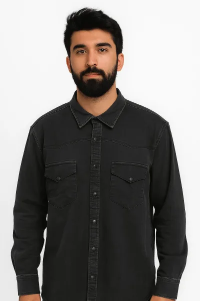 Uzun Kollu Pamuklu Çift Cep Kapaklı Regular Kesim Erkek Denim Gömlek