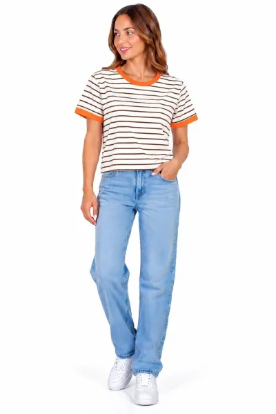 Bayan Çizgili Crop Tişört