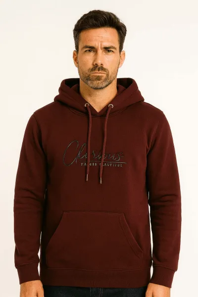 Uzun Kollu Kanguru Cepli Pamuk Karışımlı  Önden Baskılı Erkek Sweatshirt Kapşonlu