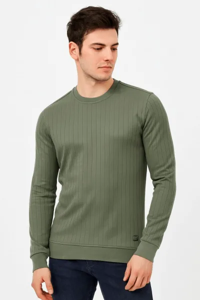 Bisiklet Yaka Uzun Kollu Çizgi Detaylı Pamuklu Regular Kesim Erkek Sweatshirt