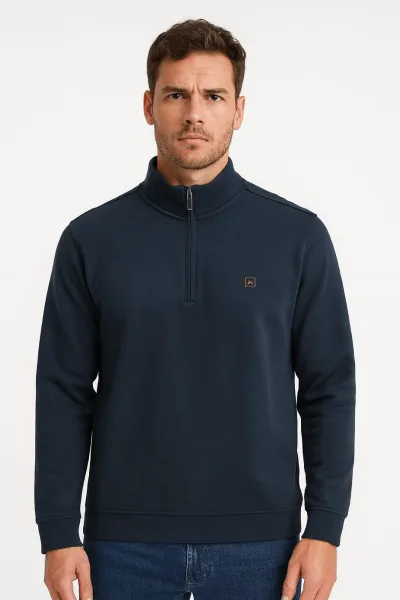 Dik Yakalı Uzun Kollu Yarım  Fermuarlı Rahat Kesim Erkek Swetshirt