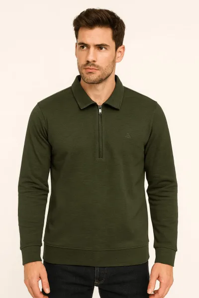 Erkek Polo Yaka Yarım Fermuarlı Pamuk Karışımlı Regular Kesim Sweatshirt