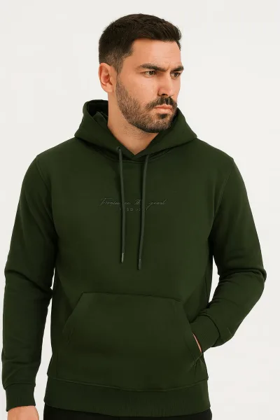Ön Yazı Baskılı Uzun Kollu Pamuk Karışımlı Kanguru Cepli  Kapşonlu Erkek Sweatshirt