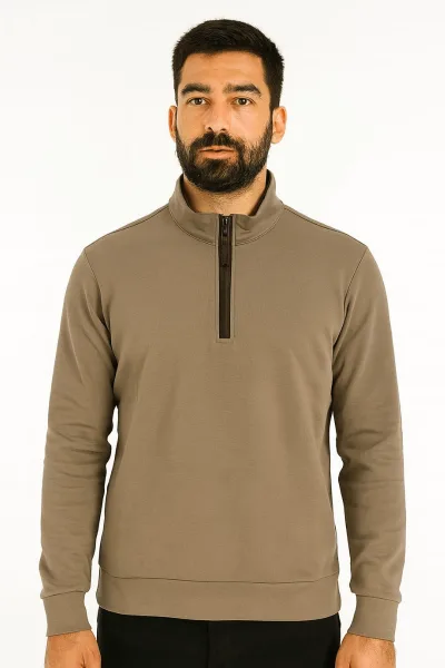 Uzun Kollu Yarım Fermuarlı Pamuk Karışımlı Regular Erkek Dik Yaka Sweatshirt