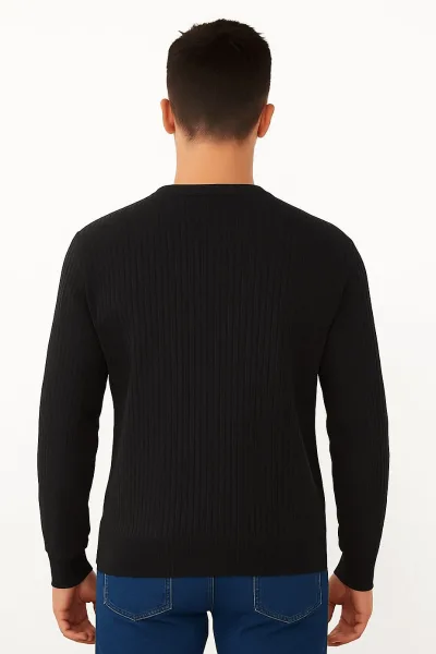Bisiklet Yaka Uzun Kollu Pamuk Karışımlı Çizgi Detaylı Erkek Sweatshirt