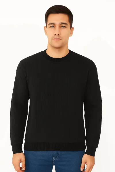 Bisiklet Yaka Uzun Kollu Pamuk Karışımlı Çizgi Detaylı Erkek Sweatshirt