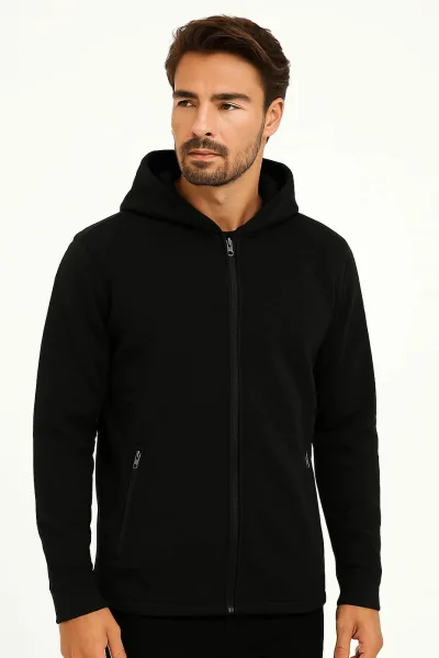 Erkek Fermuarlı Kapşonlu Kendi Çizgili Sweatshirt