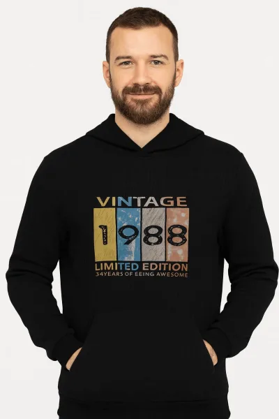 Uzun Kollu Kapşonlu Kanguru Cepli Pamuk Karışımlı Önden Baskılı Erkek Sweatshirt