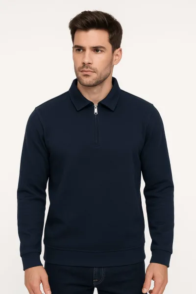 Uzun Kollu Yarım Fermuarlı Pamuk Karışımlı Regular Erkek Polo Yaka Sweatshirt