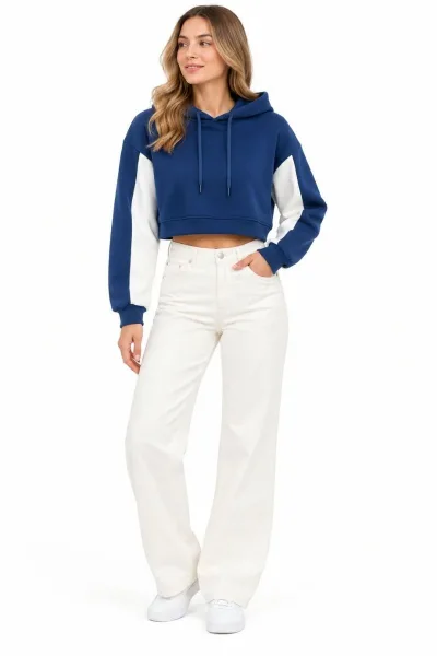 Bayan Uzun Kollu Kapşonlu Çizgi Detaylı Pamuk Karışımlı Crop Sweat