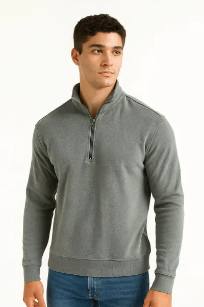 Selanik Örgü Pamuk Karışımlı Fermuarlı Regular Kesim Erkek Dik Yaka Sweatshirt