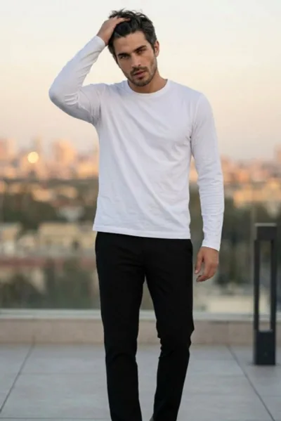 Erkek Tişört Basic Bisiklet Yaka  Uzun Kol Düz Merserize