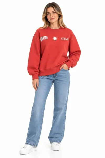 Bayan Bisiklet Yaka Güneş Baskılı Üç İplik Sweatshirt